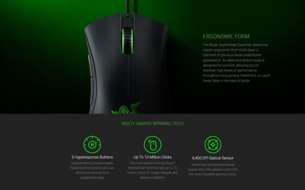 Razer Deathadder Essential 2021 Wired Gaming Mouse | 6400 DPI Optical | Ergonomic | 5 Programmable Buttons | Right-Handed