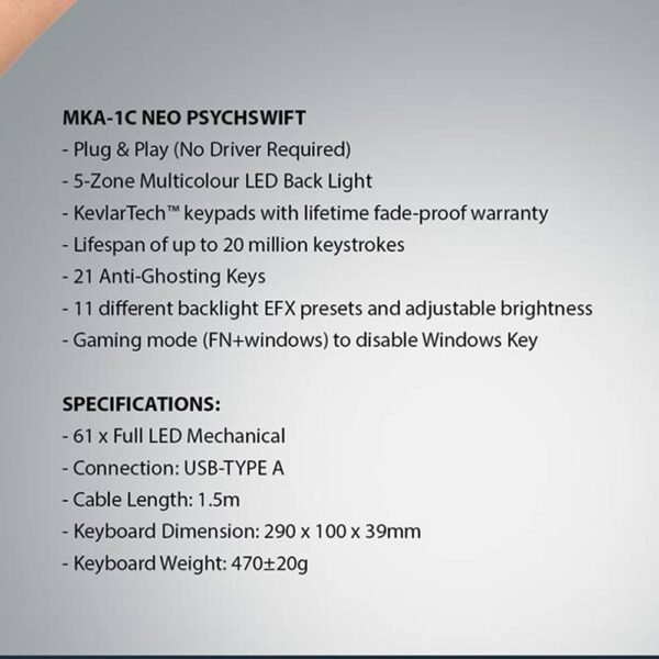 Armaggeddon MKA 1C Neo LED Backlight Mechanical Gaming Keyboard 61 Key Hot Swapable  Black / White